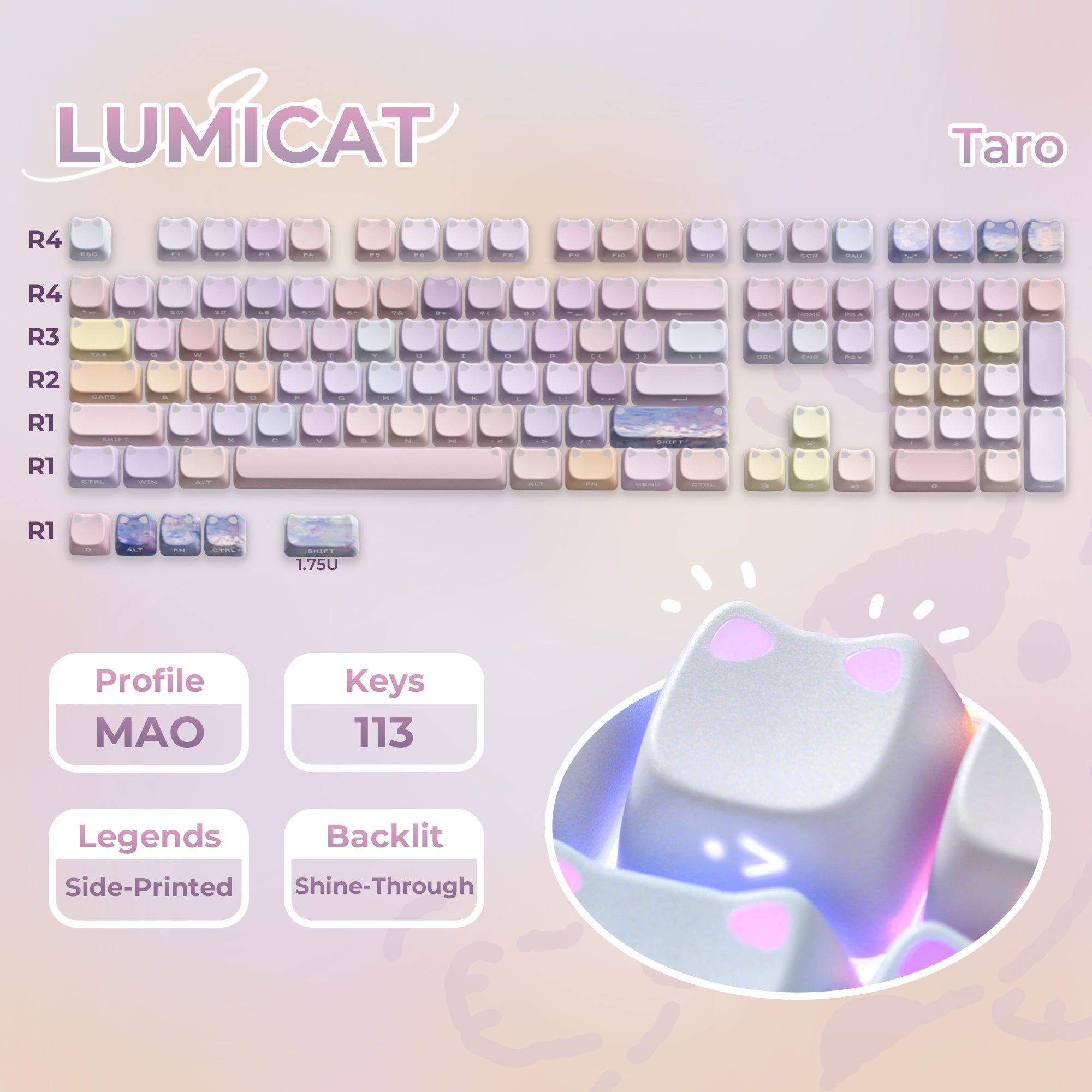 XVX Lumicat MAO Profile Side-Printed Shine-Through 113-Key Keycap Set XVX Keyboard