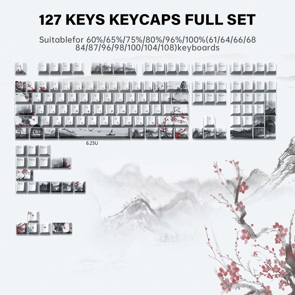 XVX  Plum Blossom Cherry Profile Double shot  5-sided Dye-Sub PBT Keycap Set (127-Key) - xvxchannel