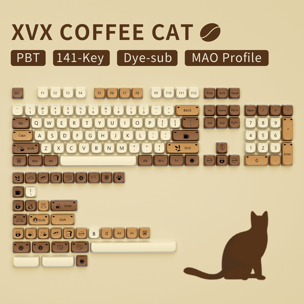 XVX Coffee Cat 141-Key MAO Profile Dye-Sub PBT Keycap - xvxchannel