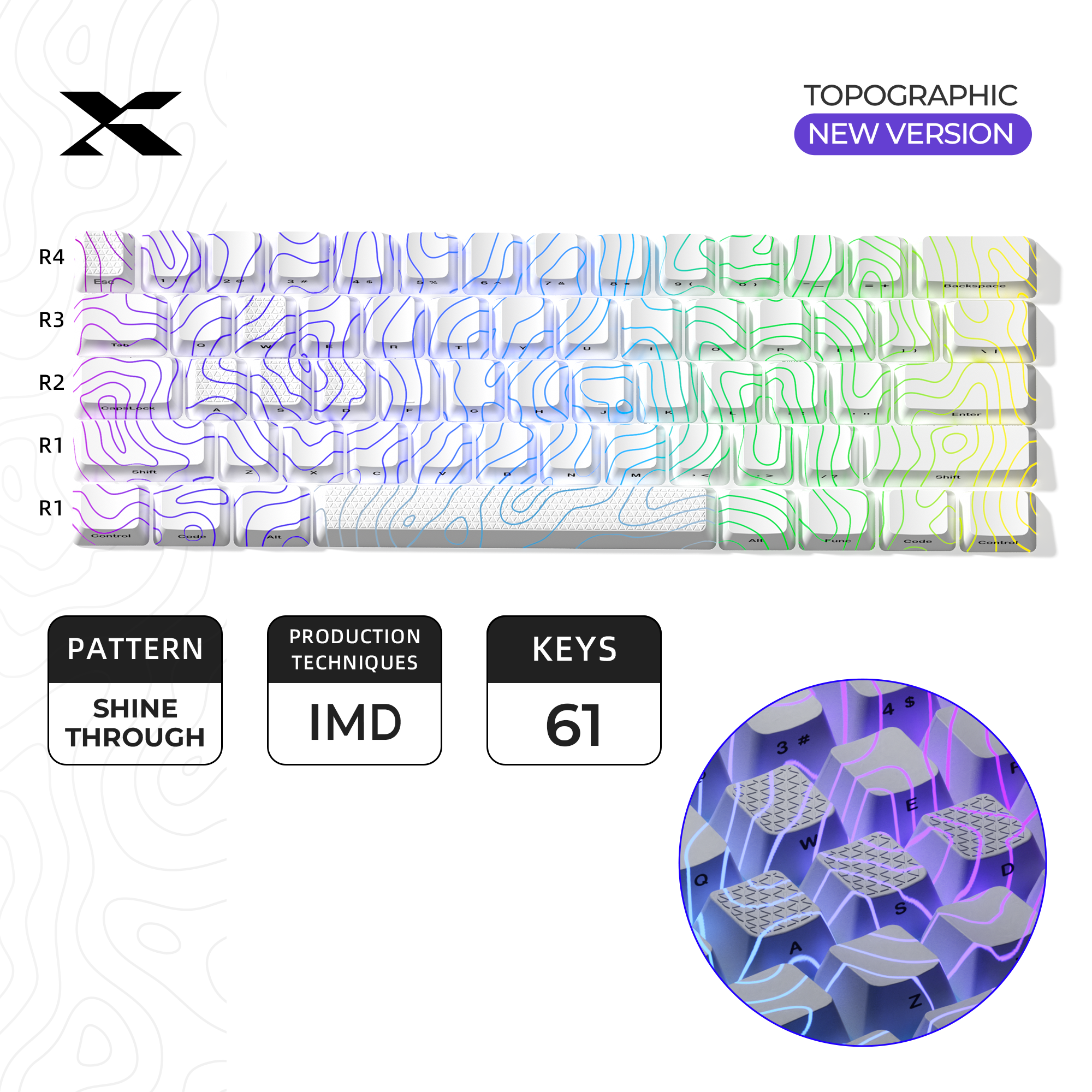 XVX IMD Topographic White Pattern Shine-Through 61-Key Keycap Set for mechanical keyboards