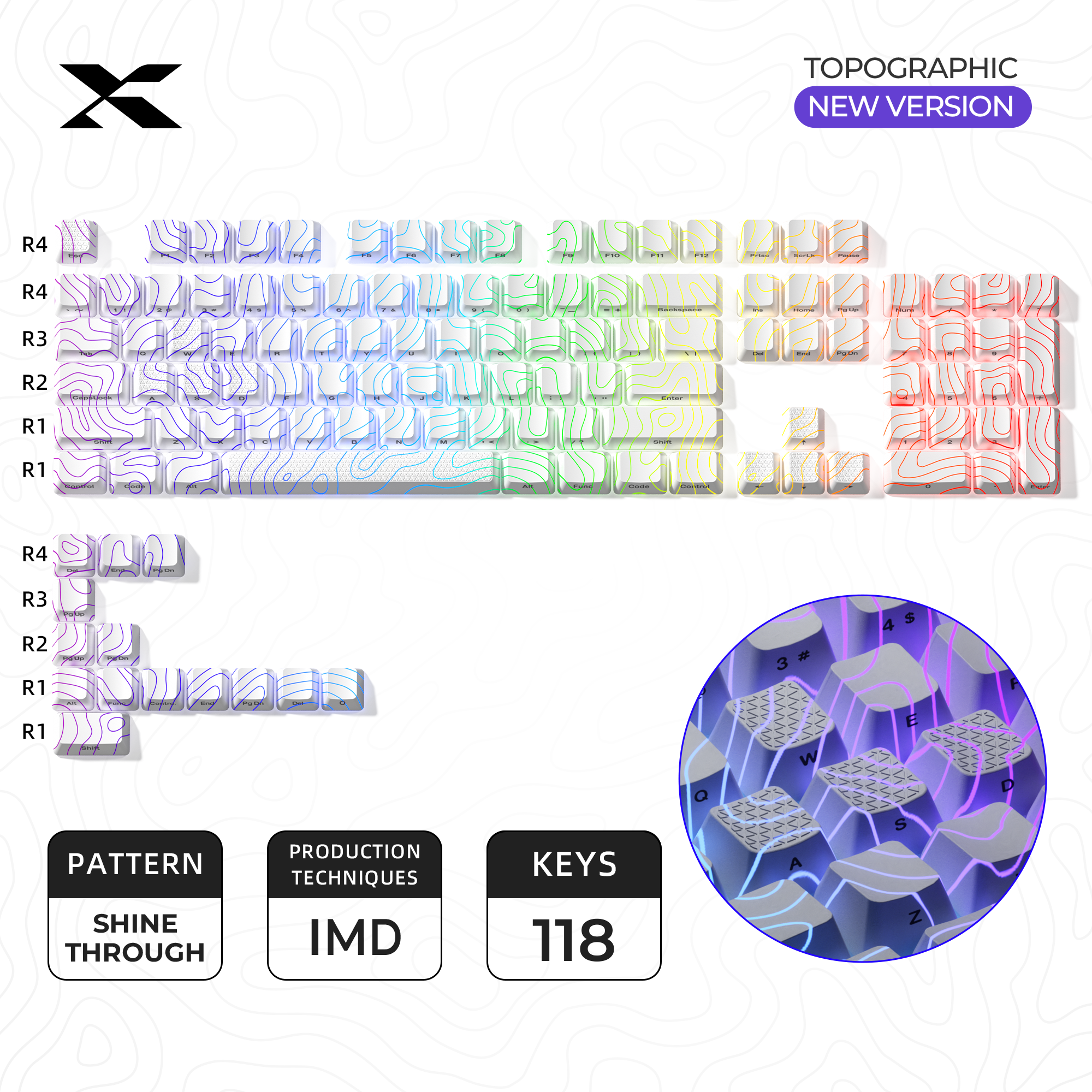 XVX IMD Topographic White Pattern Shine-Through 118-Key Keycap Set for mechanical keyboards