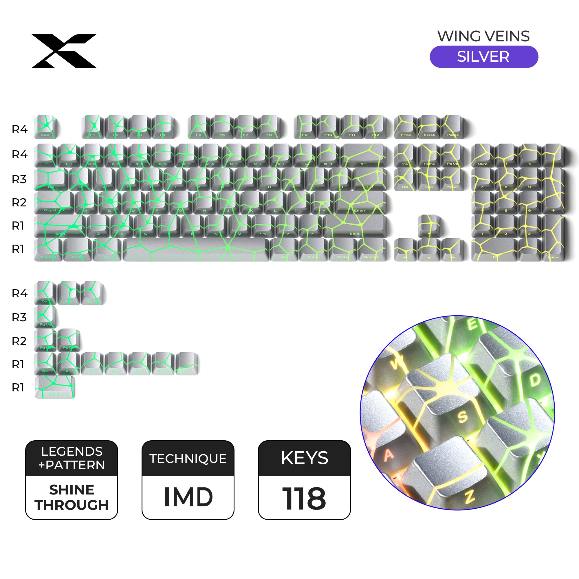 XVX IMD Wing Vein Legends and Pattern Shine-Through 118-Key OEM Profile Keycap Set for MX Mechanical Keyboards